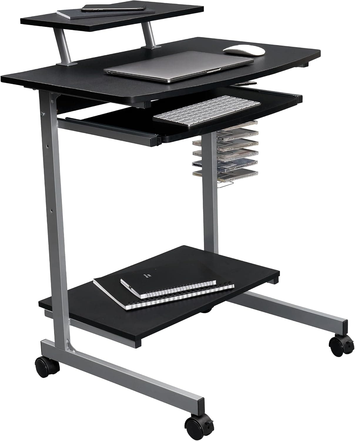 Rolling Mobile Computer Desk/Cart with Storage Shelves and Printer Shelf