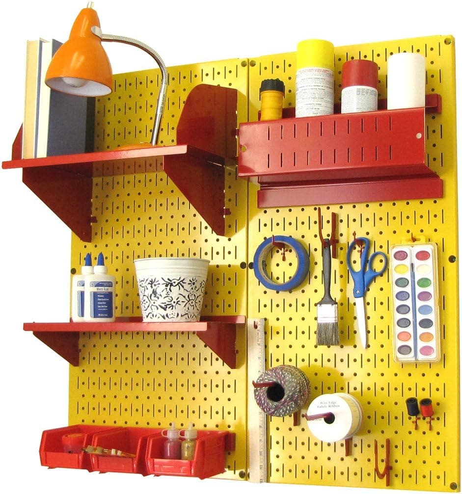 Wall Control Craft & Hobby Pegboard Kit, Yellow Pegboard and Red Accessories