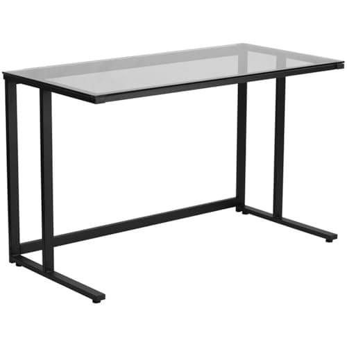 Flash Furniture Singleton Glass Desk with Black Pedestal Metal Frame