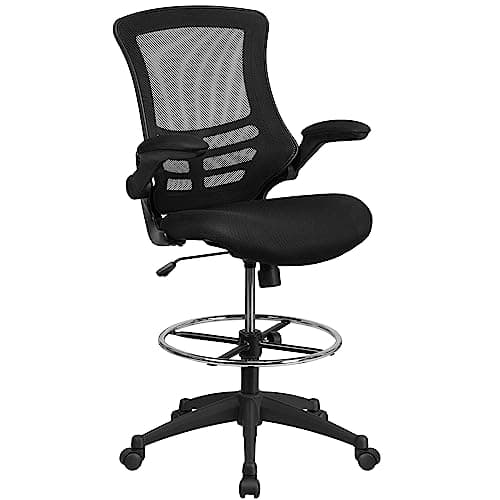 Flash Furniture Mesh Adjustable Ergonomic Drafting Chair, Black | Adjustable Foot Ring, Mid-Back, Flip-Up Arms, Mesh Back