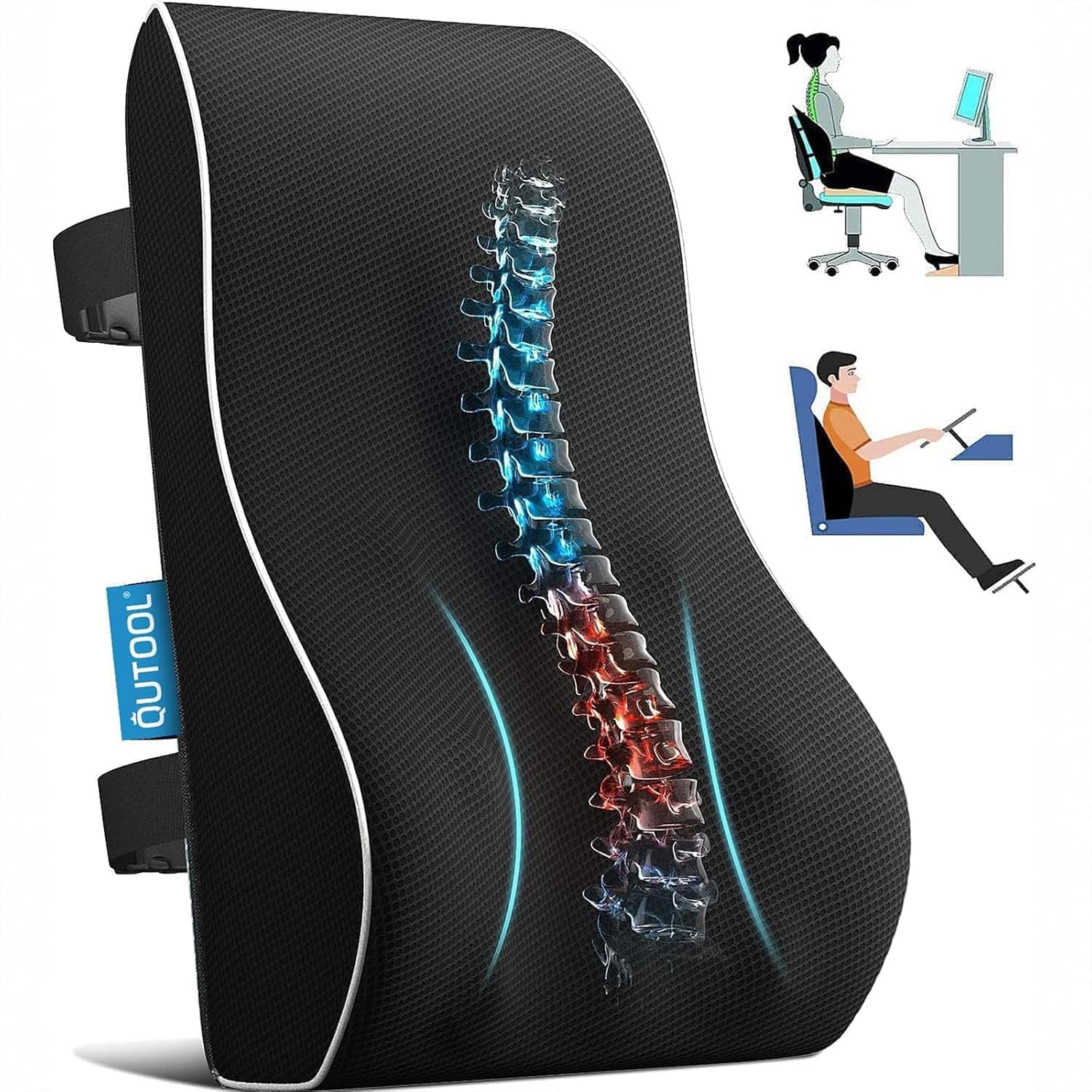 QUTOOL Lumbar Support Pillow for Office Chair, Mesh Cover Double Adjustable Straps