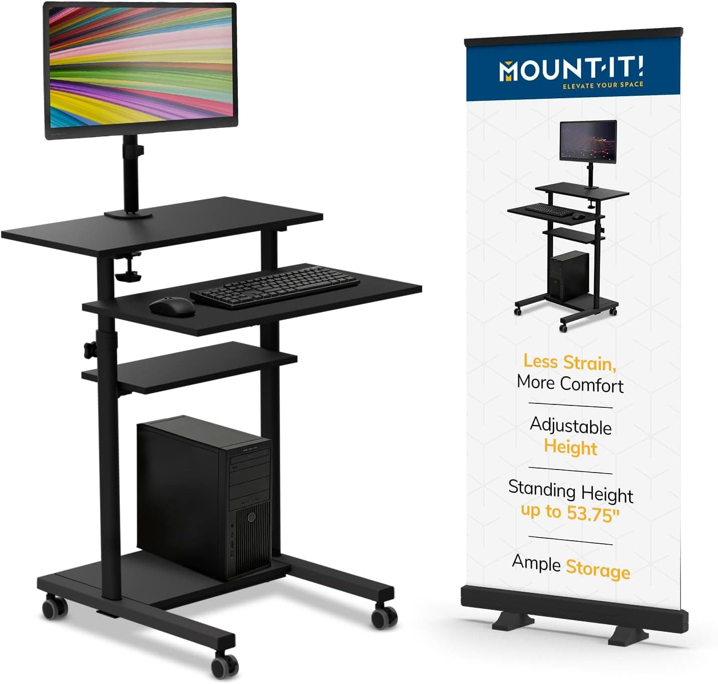 Mount-It! Mobile Computer Cart with Monitor Mount, Portable Desk on Wheels, Black