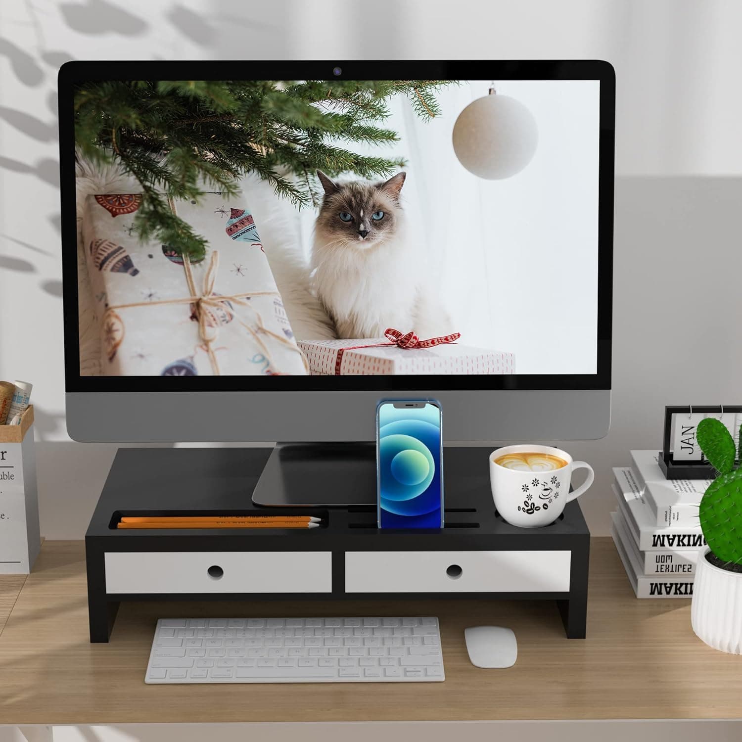 Monitor Stand Riser with Drawer, Bamboo Desktop Shelf Organizer with Phone Holder