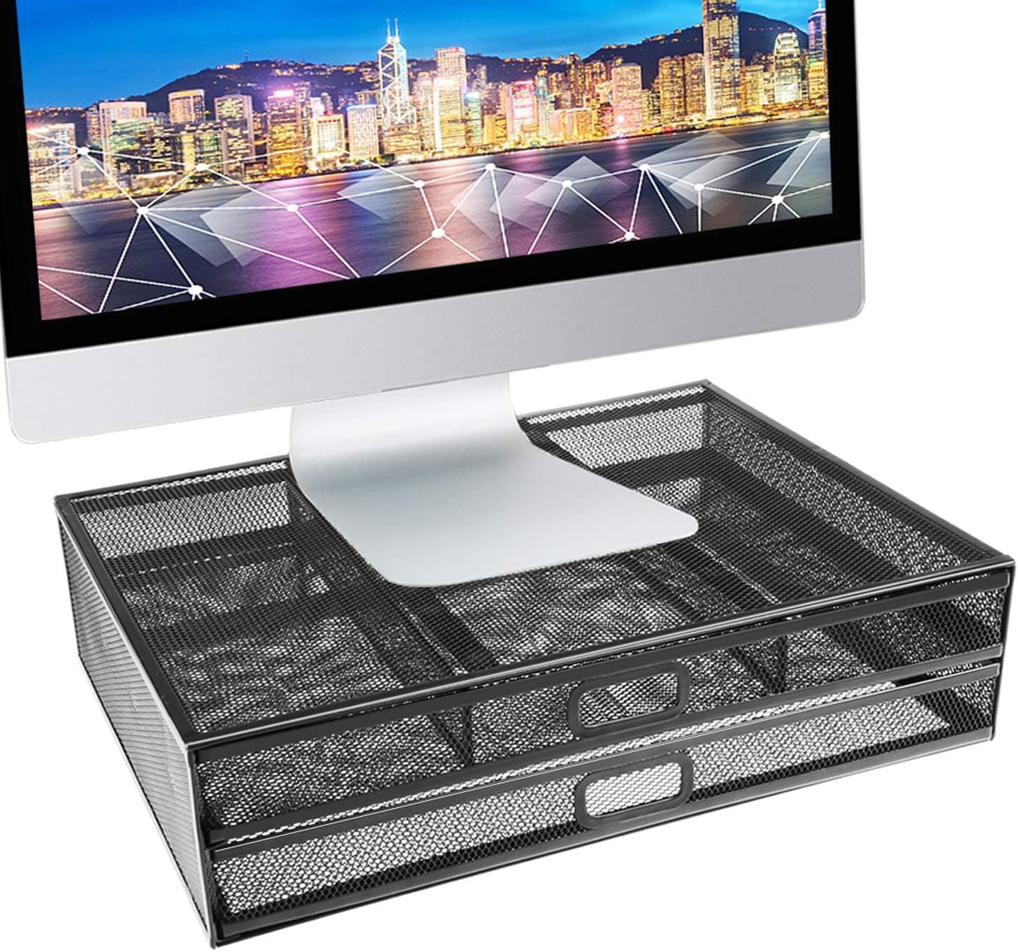 Monitor Stand Riser with Drawer, Mesh Metal Desk Organizer with Pull Out Storage, White