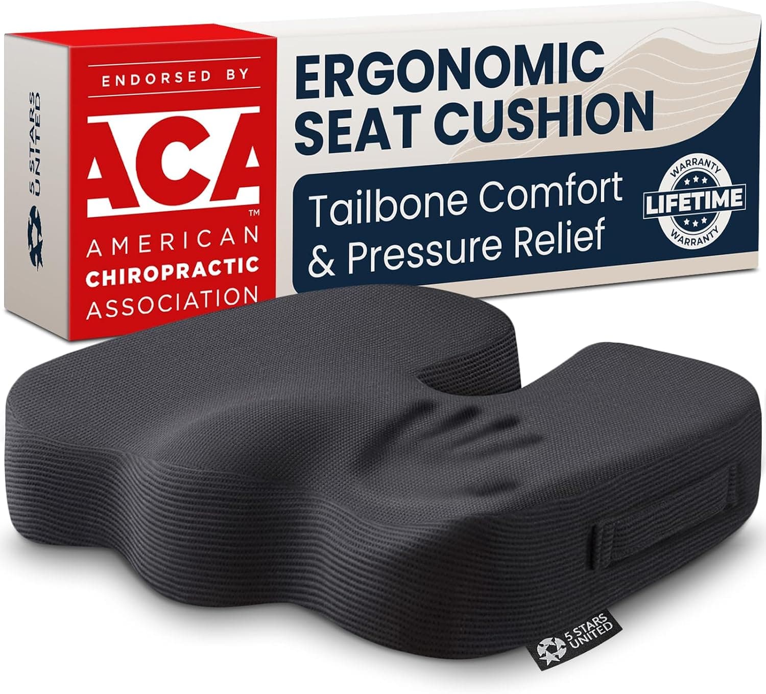 5 STARS UNITED Memory Foam Seat Cushion for Tailbone Pain Relief, Coccyx & Sciatica