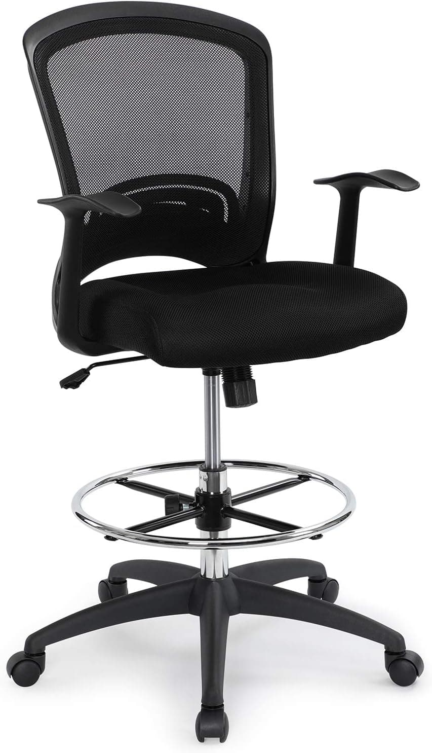 Ergonomic Mid-Back Mesh Adjustable Drafting Chair with Foot Ring, Standing-Desk Tall Swivel Office Stool, Black