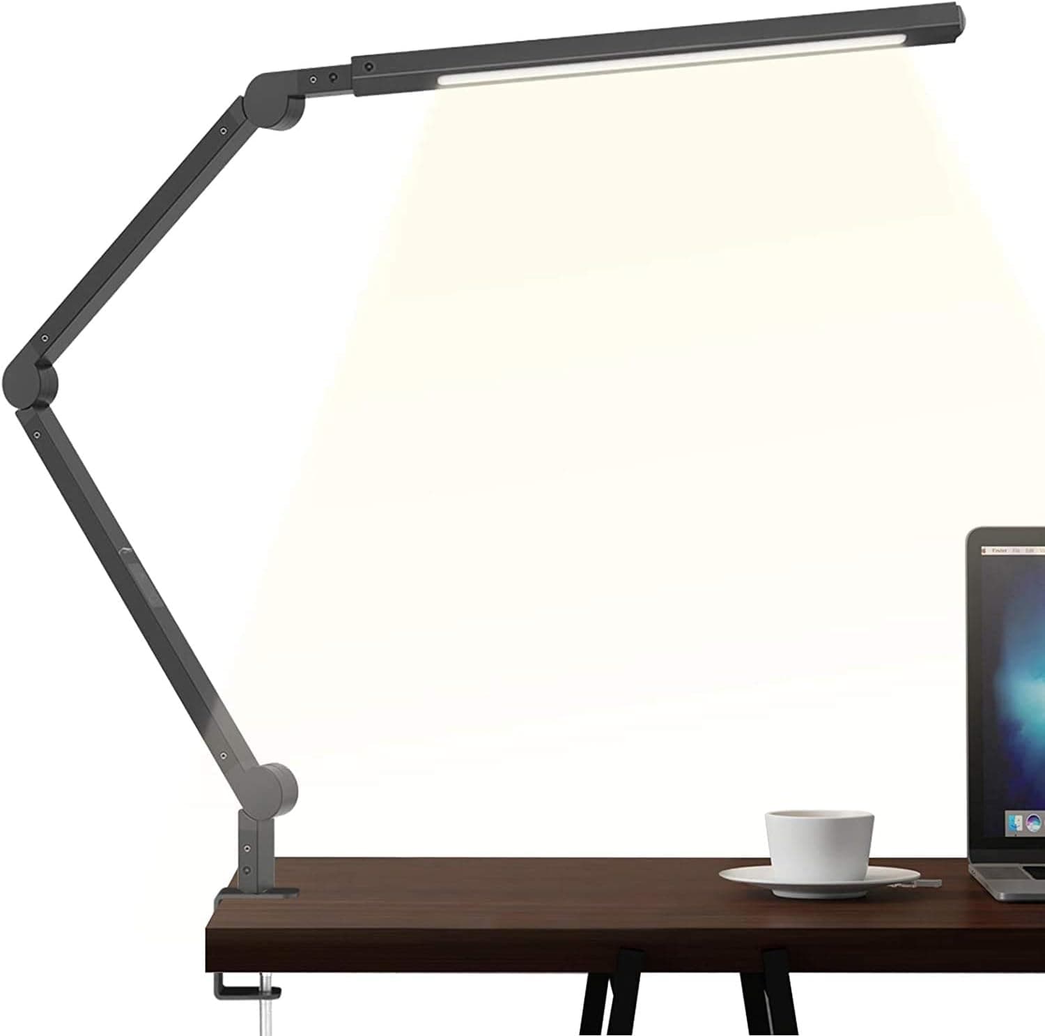 JolyJoy Swing Arm Lamp, LED Desk Lamp with Clamp, 9W Eye-Care Dimmable, 6 Color Modes, Black