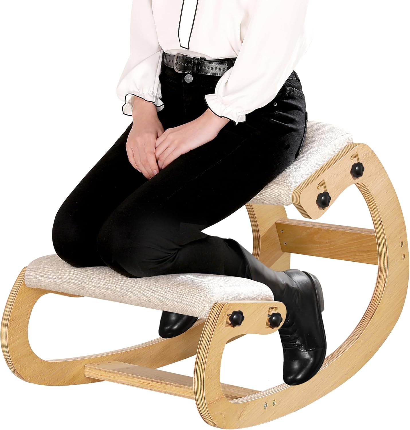 Predawn Adjustable Ergonomic Kneeling Chair, Custom Height Rocking Posture Stool, Solid Wood Frame, White Oak