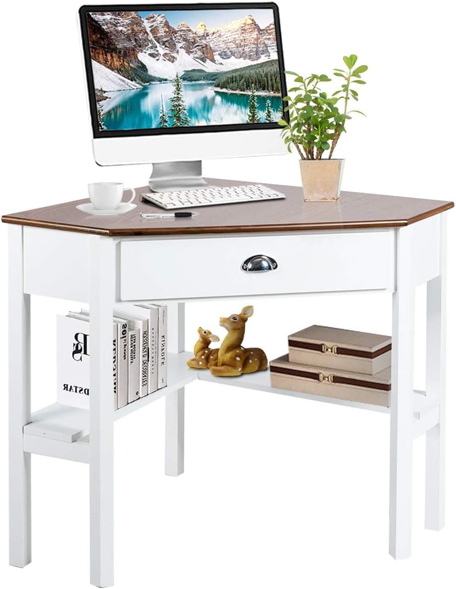 Tangkula Corner Desk, Corner Computer Desk with Drawer for Small Space, 90 Degrees Triangle Corner Desk with Storage Shelves (Natural & White)