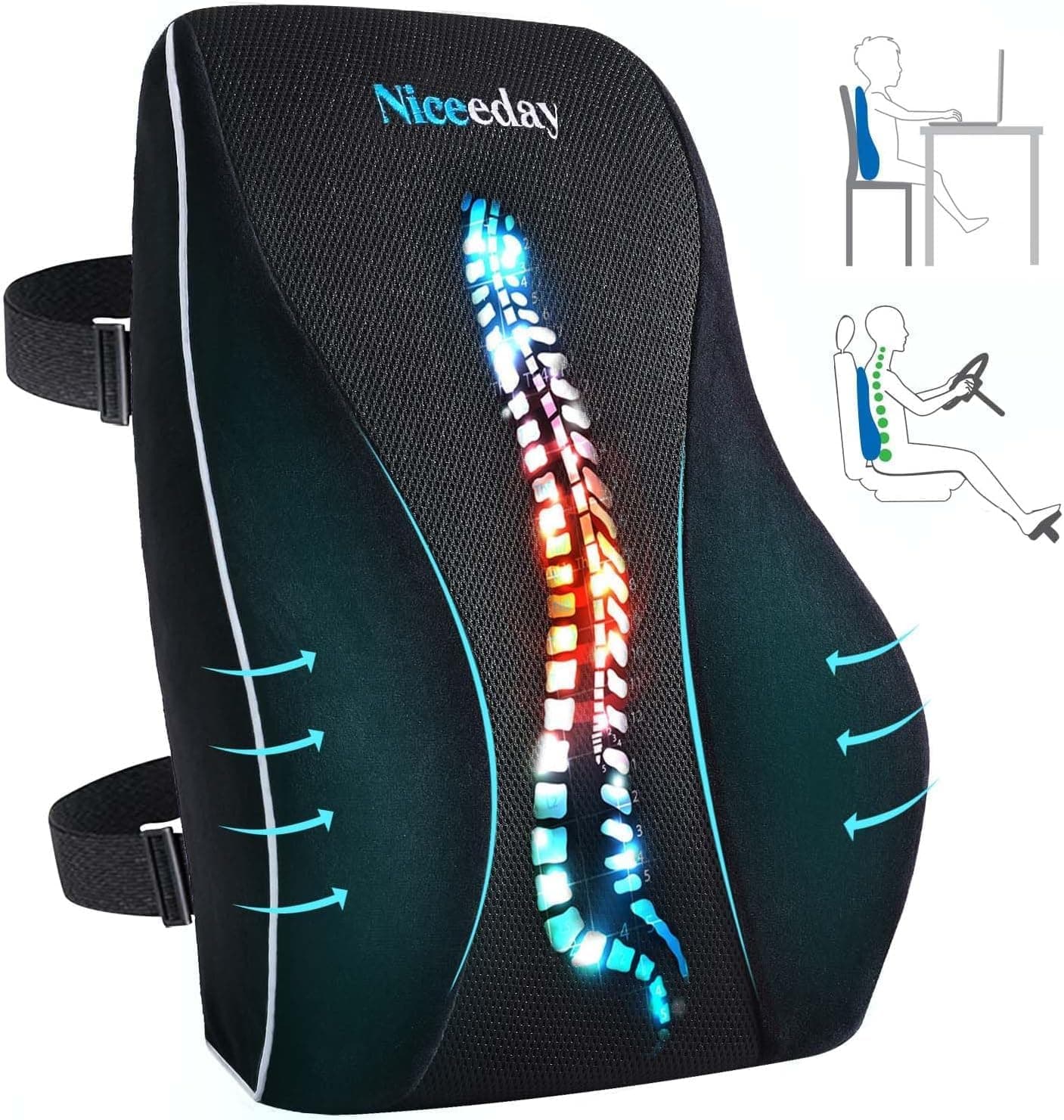 Niceeday Lumbar Support Pillow for Office Chair, Memory Foam Back Cushion