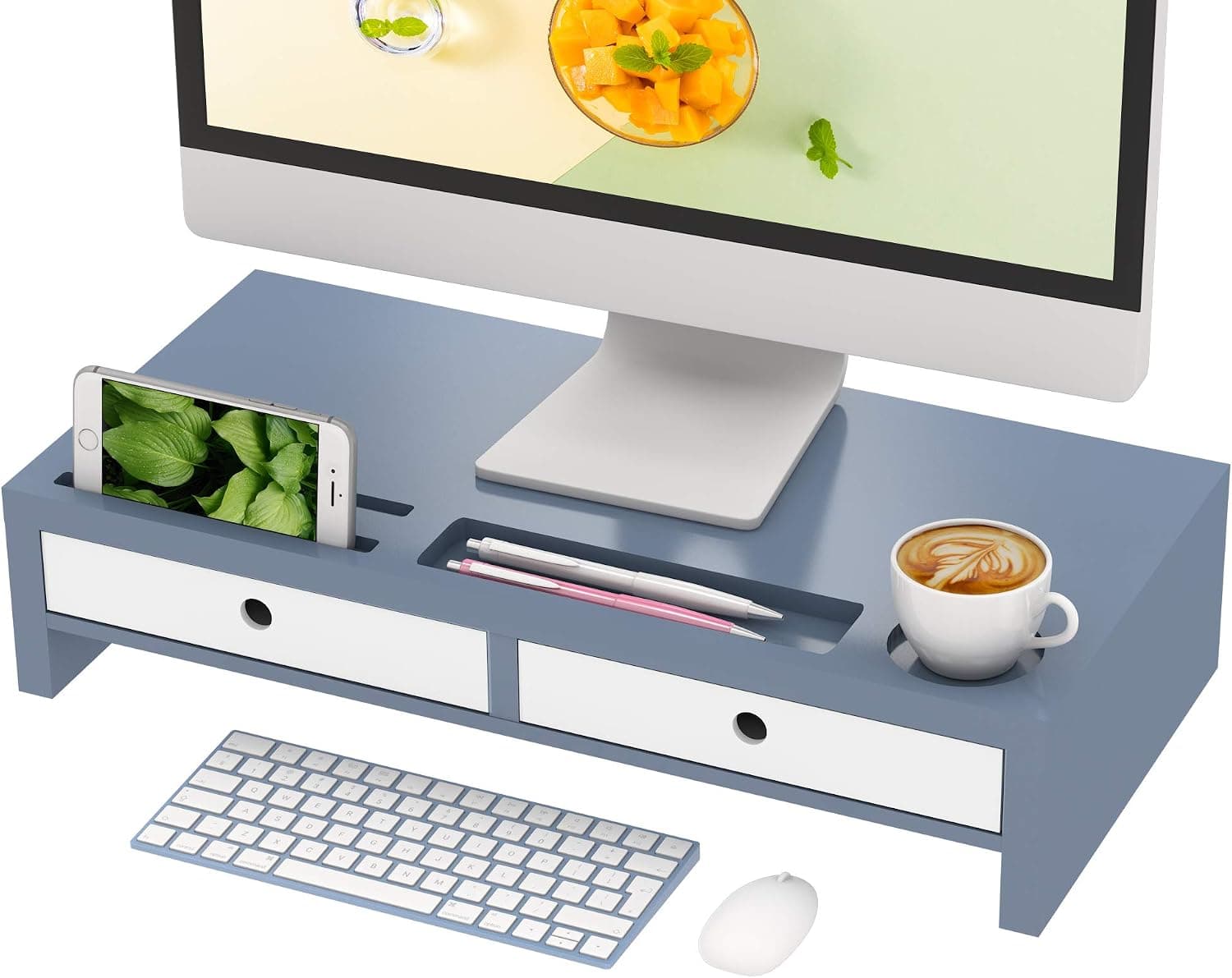 Bambloom Monitor Stand Riser Desk Organizer with Drawers, Keyboard Storage, Gray