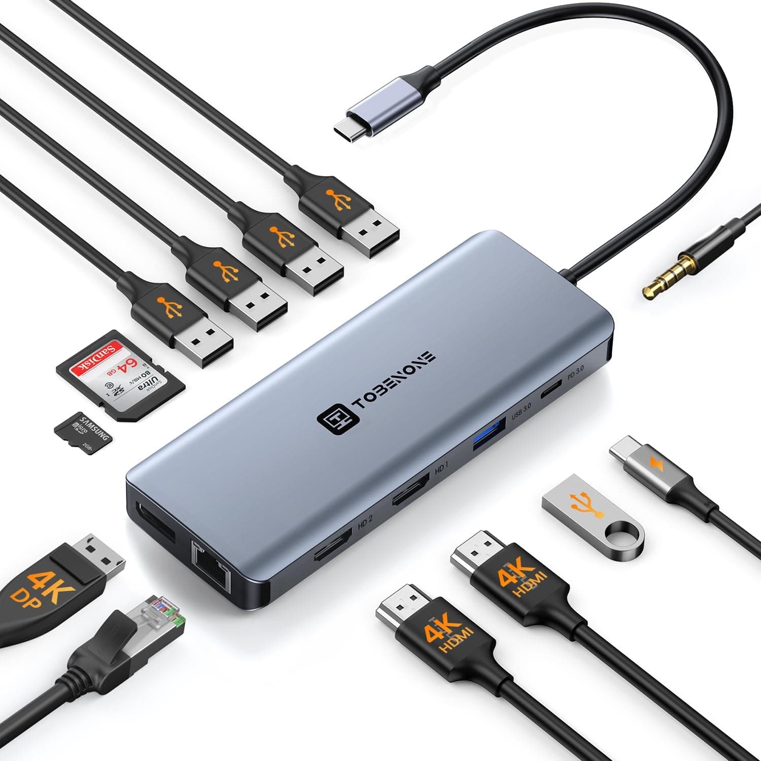 TOBENONE 13-in-1 USB C Docking Station Dual Monitor, Dual HDMI, DP, Audio