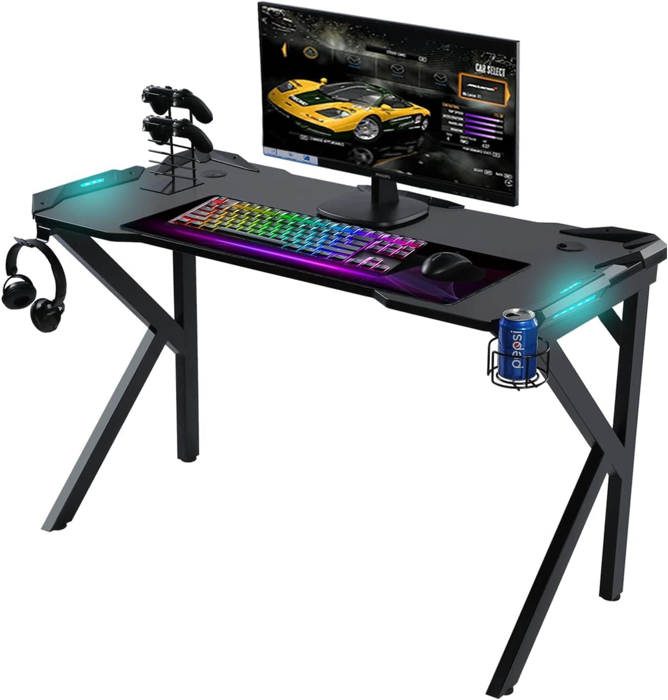 Qulomvs Gaming Desk with Led Lights 47inch K Shaped, Carbon Fiber Gaming Table with Free Mouse Pad, Cup Holder and Headphone Hook, Black