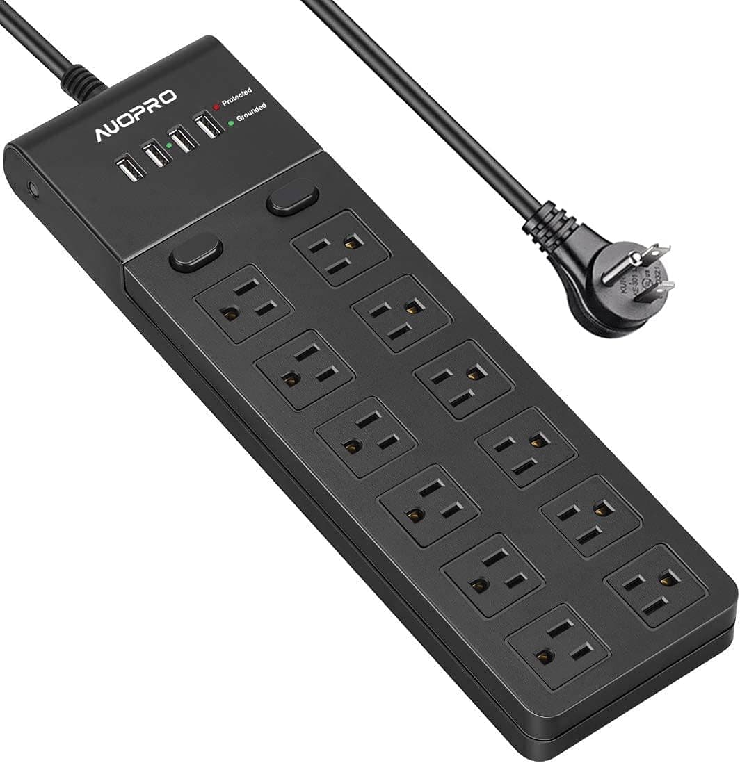 AUOPRO USB Power Strip Flat Plug, 12 Outlet Surge Protector with 4 USB, 1050J