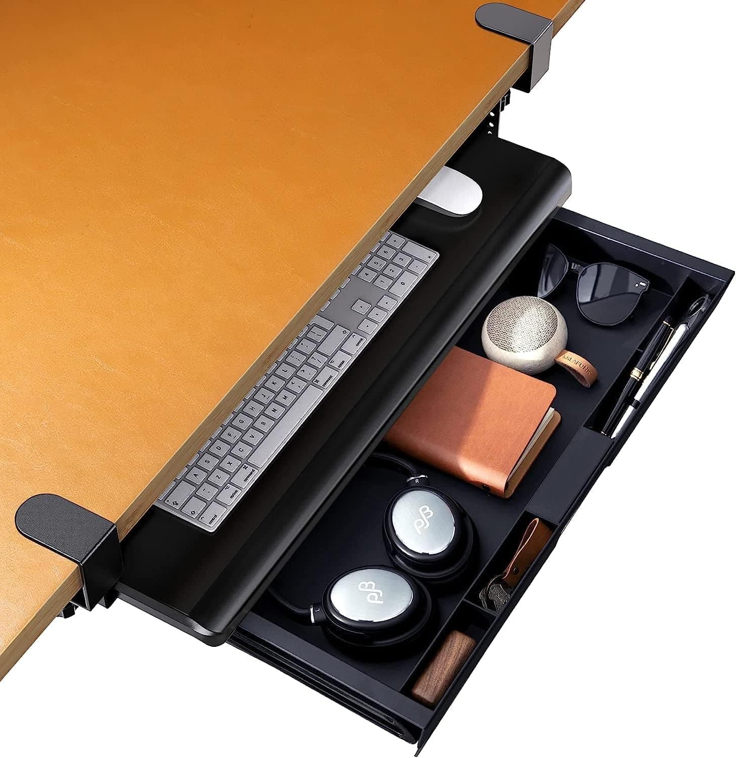 HUANUO Keyboard Tray Pull Out Drawer Under Desk with Storage Organizer, C Clamp