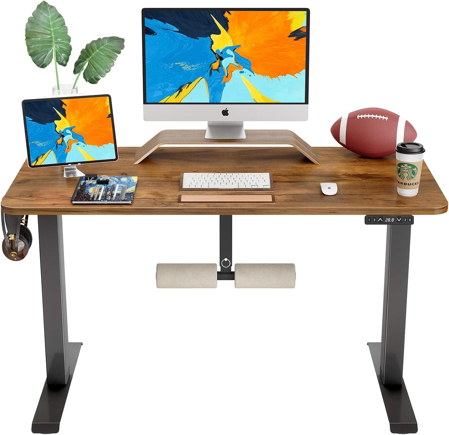 FAMISKY 48 Inch Dual Motor Height Adjustable Standing Desk with Foot Rest, Black Steel Frame/Rustic Brown Wood Top