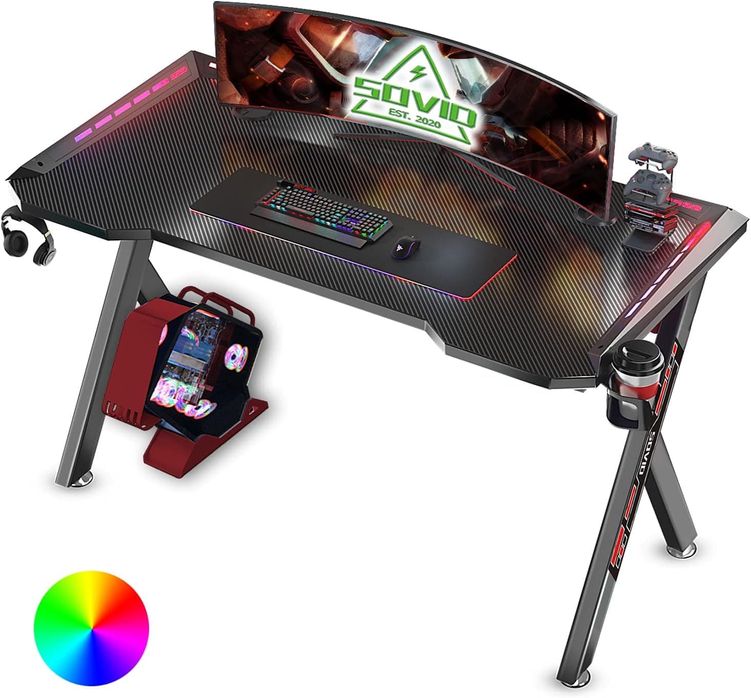 SOViD Gaming Desk with LED RGB Lights 47 Inch PC Computer Desk Y Shaped Gamer Setup, Cup Holder & Headphone Hook, Black