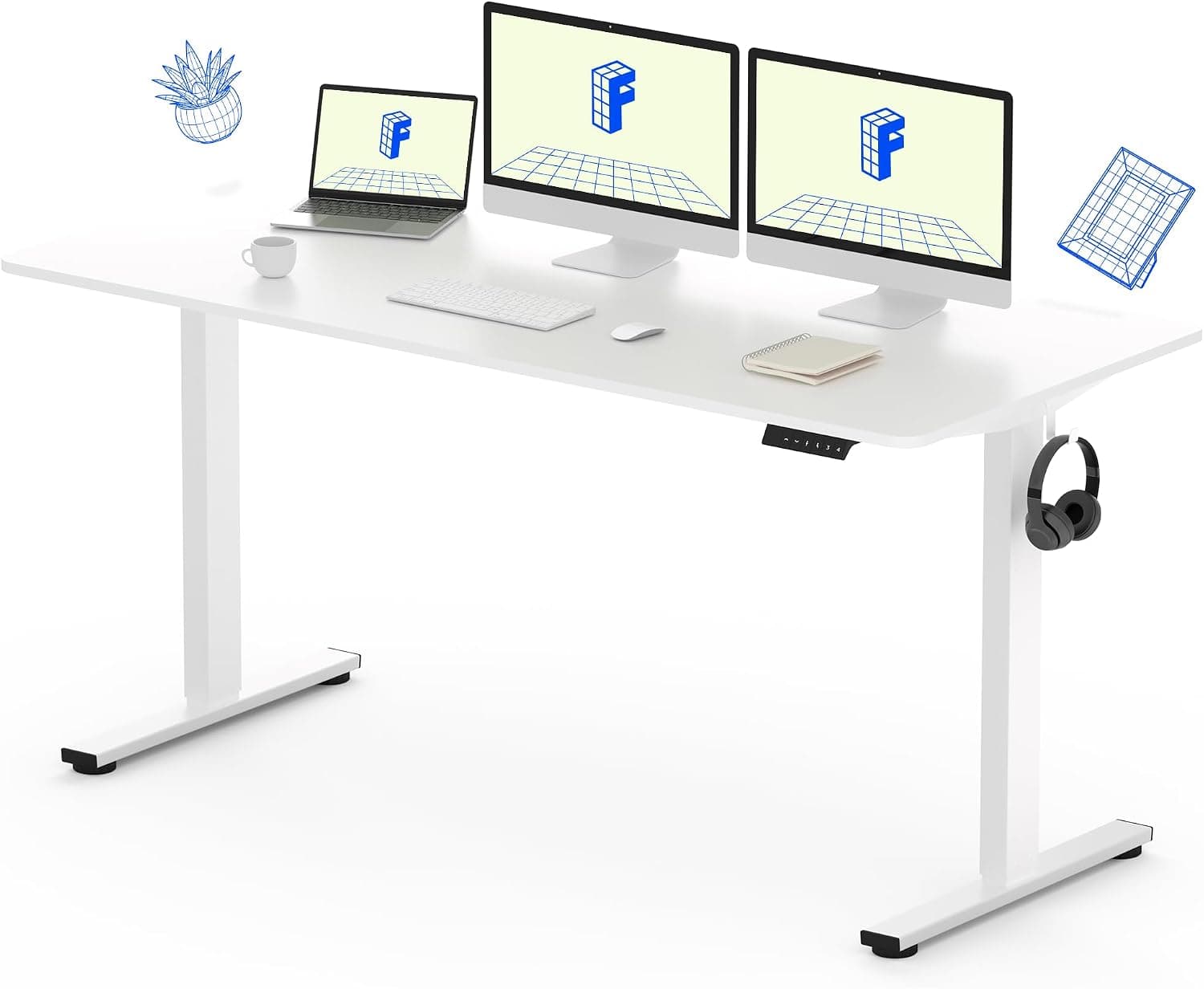 FLEXISPOT EC1 60" Large Height Adjustable Standing Desk, Electric Sit Stand Desk (60x24 White Desktop + White Frame)