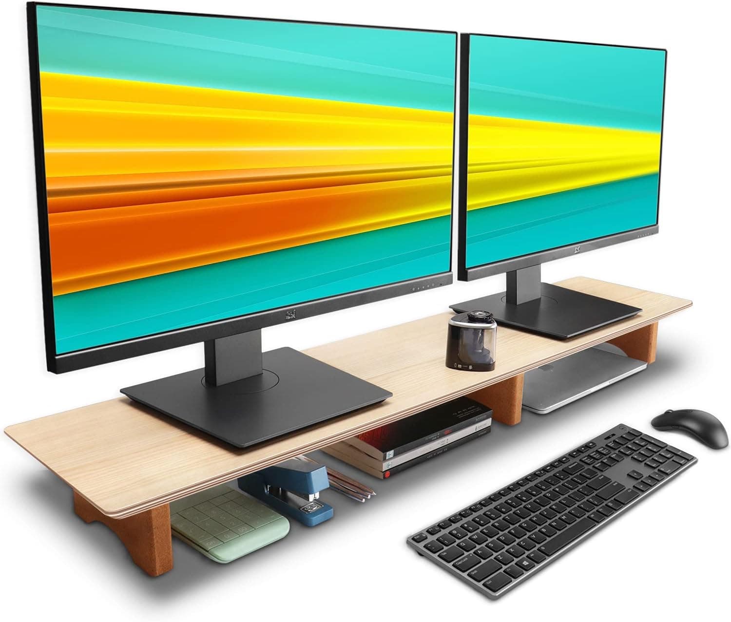Aothia Large Dual Monitor Stand Riser, Solid Wood Desk Shelf with Cork Legs