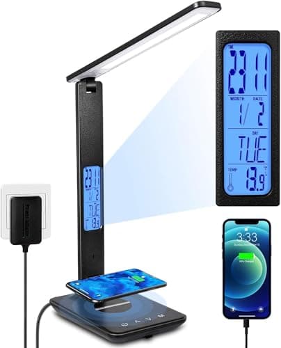 XIZDDL LED Desk Lamp with Wireless Charger, Suitable for Home, Office Dimmable, with USB Charging Port, Built-in Clock, Calendar, Thermometer and Automatic Timing Reading Desk Lamp.