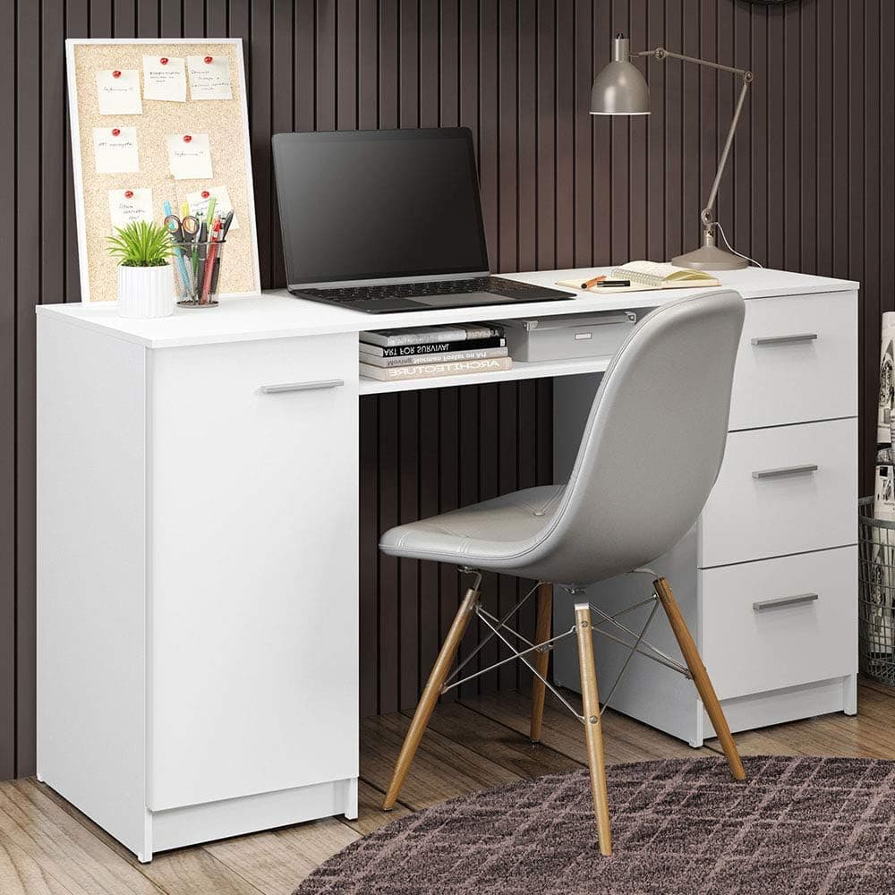 Madesa Modern Office Desk with Storage Drawers 53 inch, 3 Drawers, White