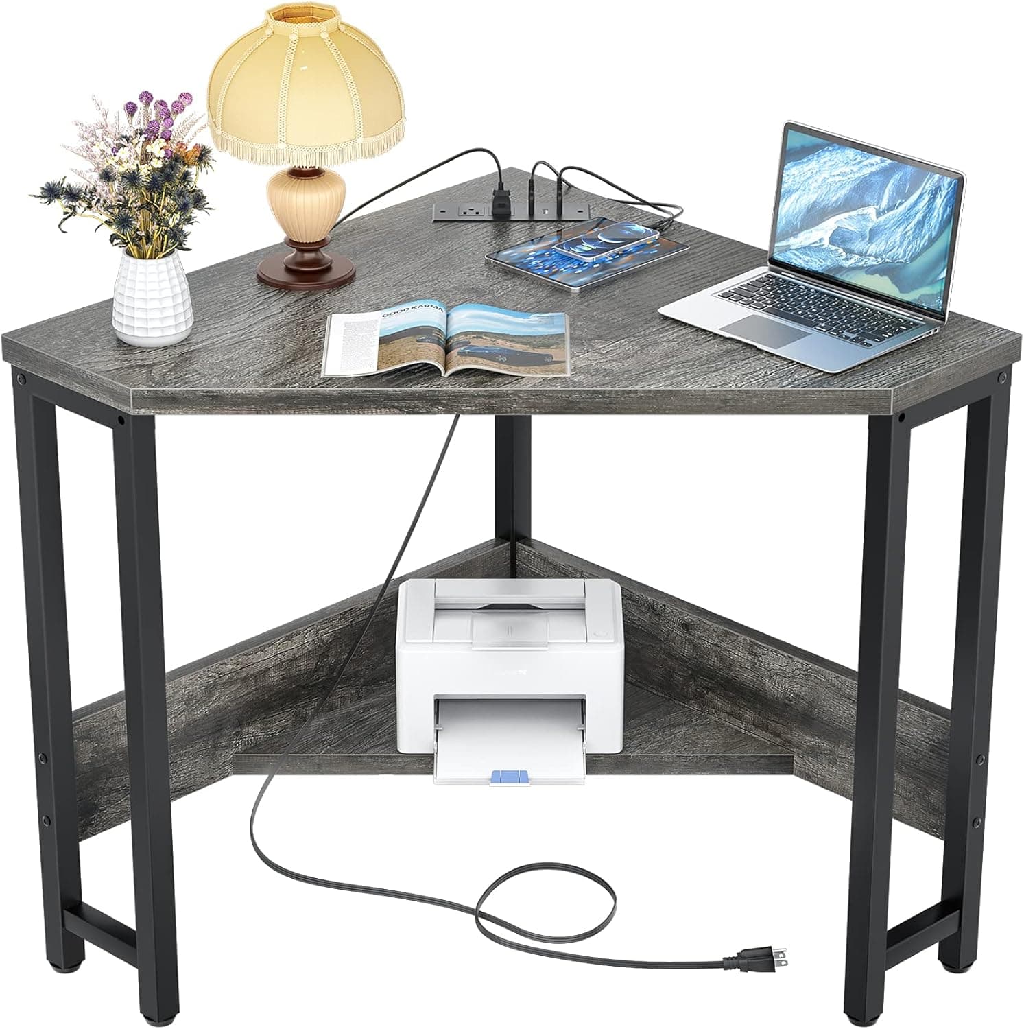 Armocity Corner Desk Small Desk with Outlets, Computer Desk with USB Ports Triangle Desk with Storage for Home Office, Oak