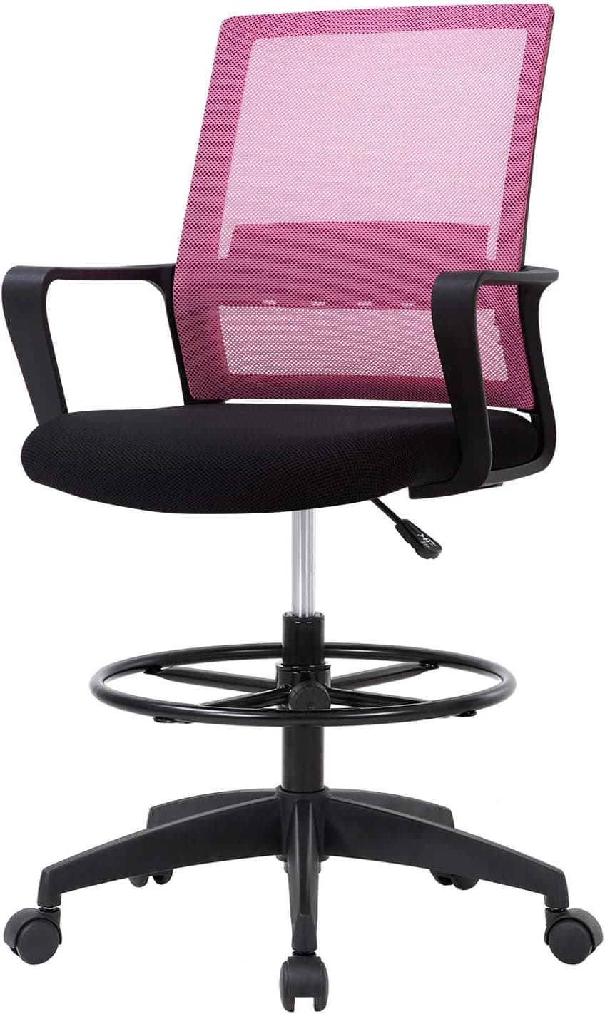 Drafting Chair Tall Office Chair Mesh Ergonomic Mid-Back with Adjustable Foot Ring for Standing Desk, Pink