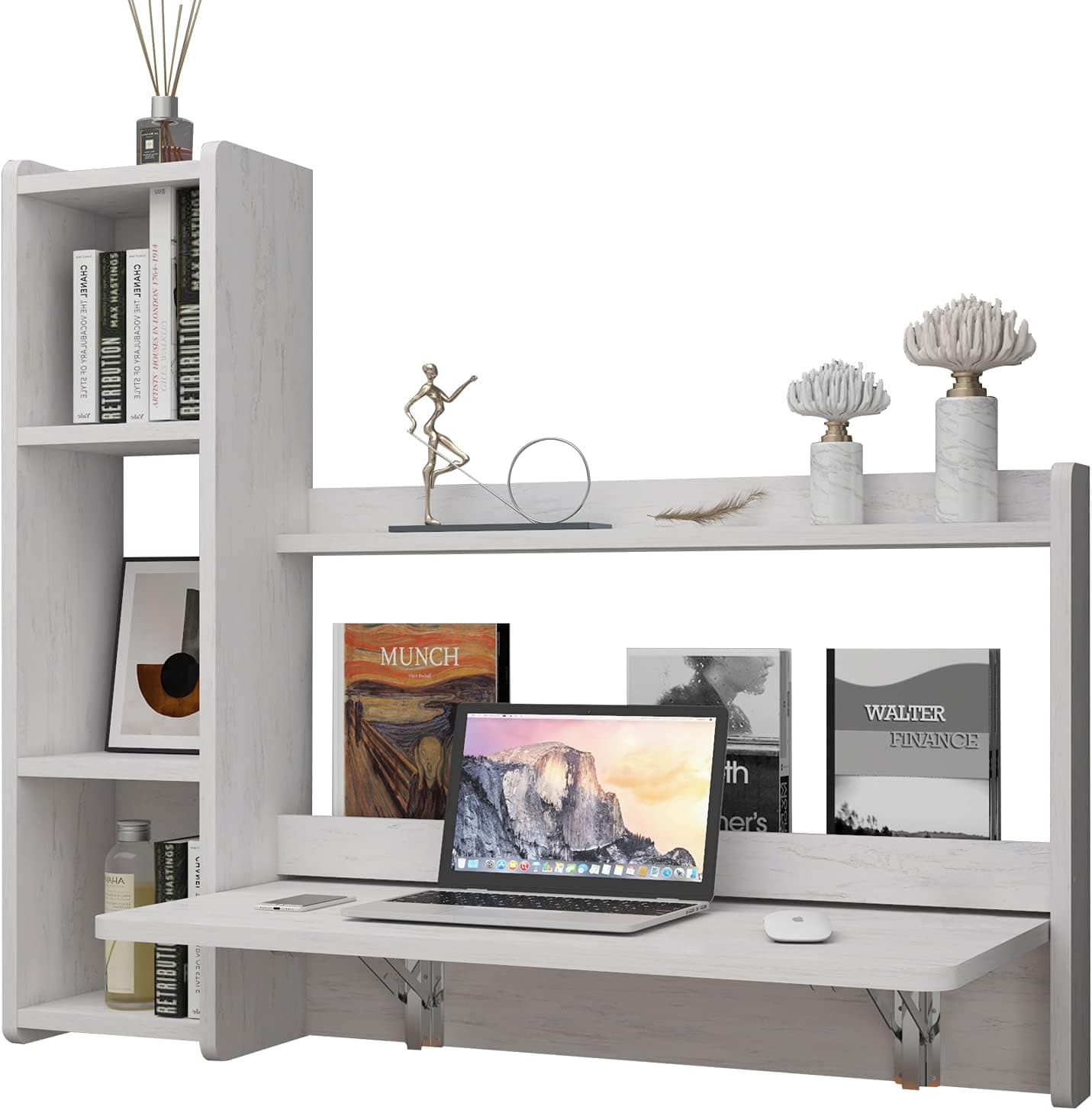 Pmnianhua Floating Desk, 41" Wall Mounted Fold Down Desk with Storage Shelves, Off White