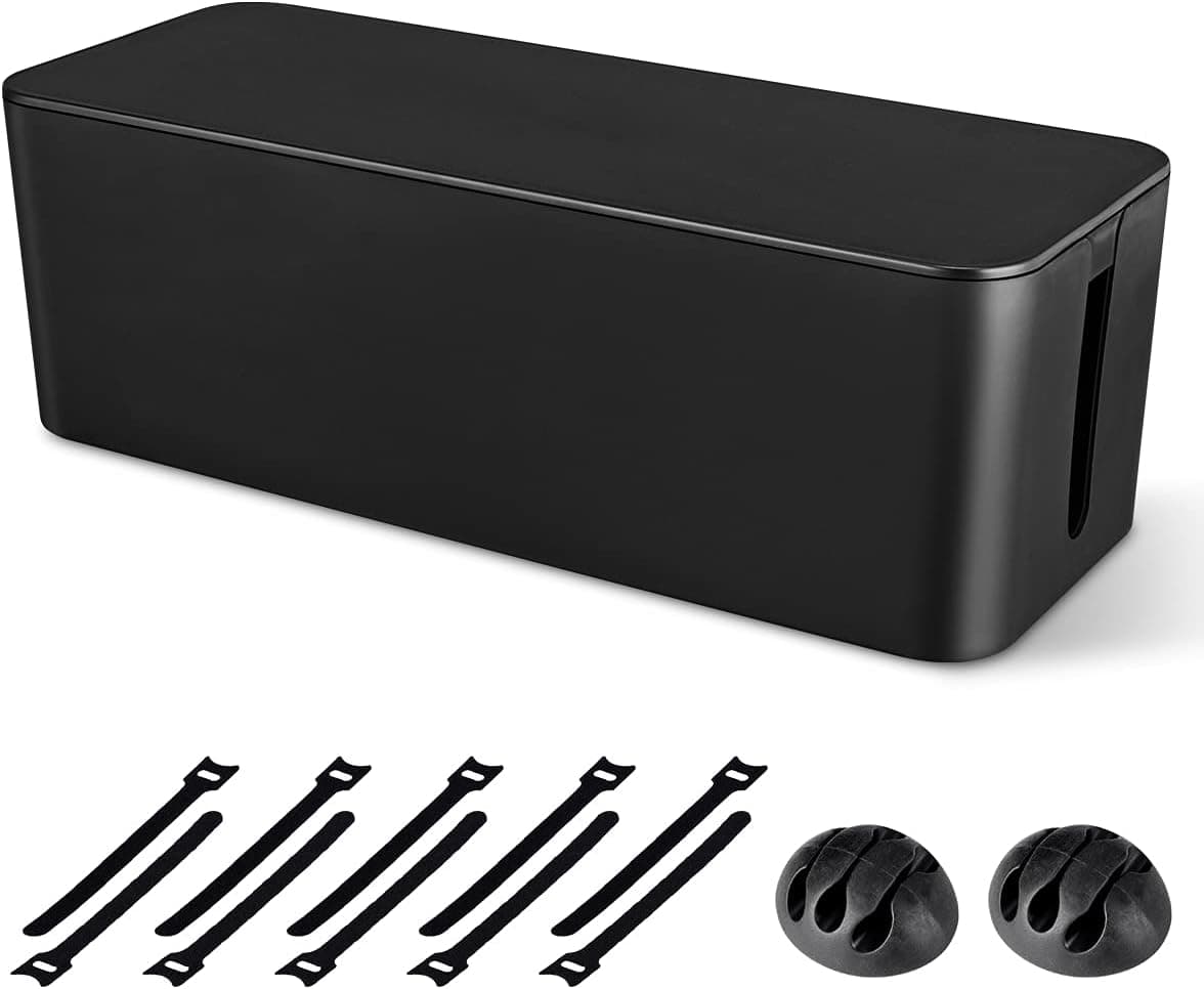 Cable Management Box, Large Cord Organizer to Hide Power Strip & Under Desk, Black