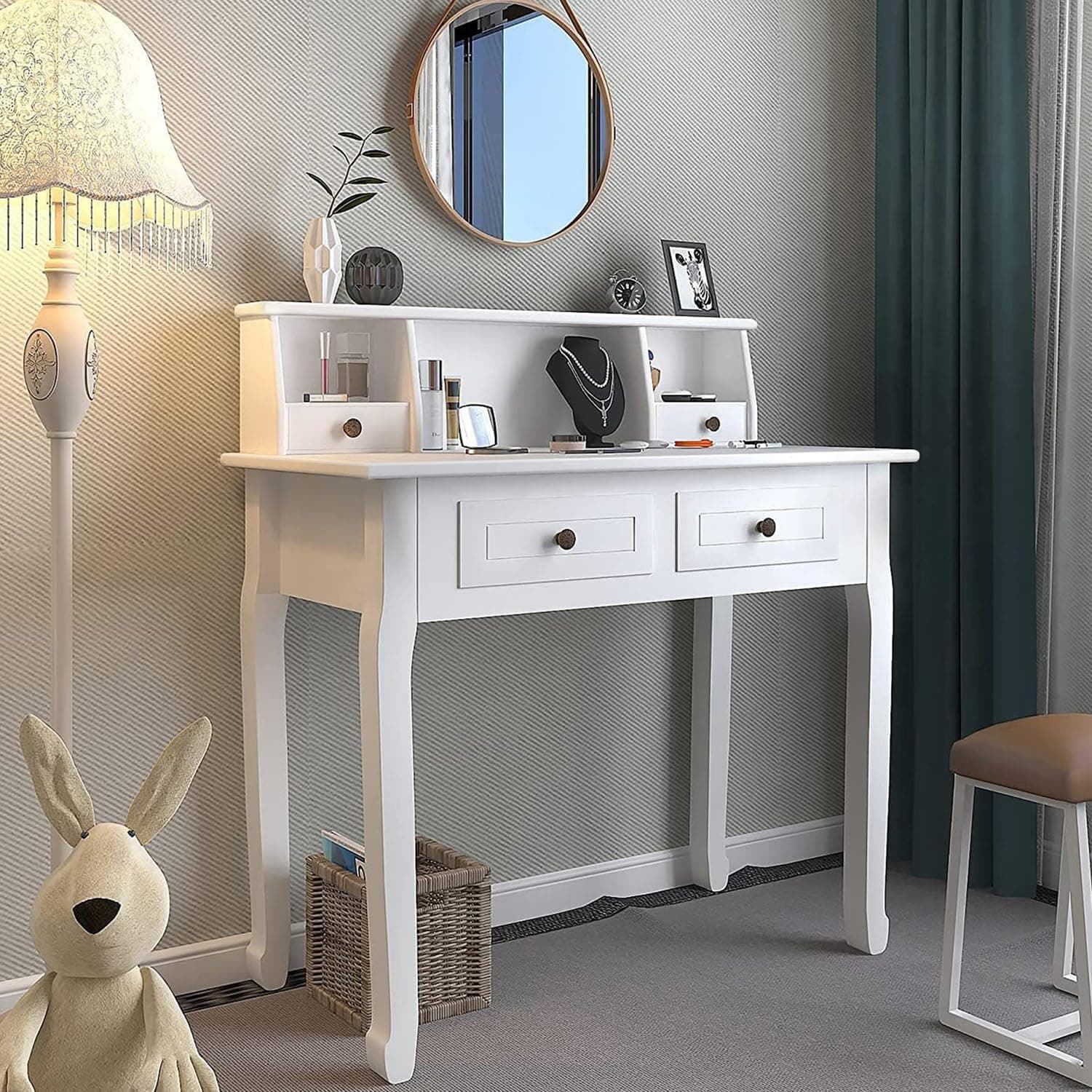 DMAITH Small White Writing Desk with Hutch, 32" Compact Home Office Desk with Drawers