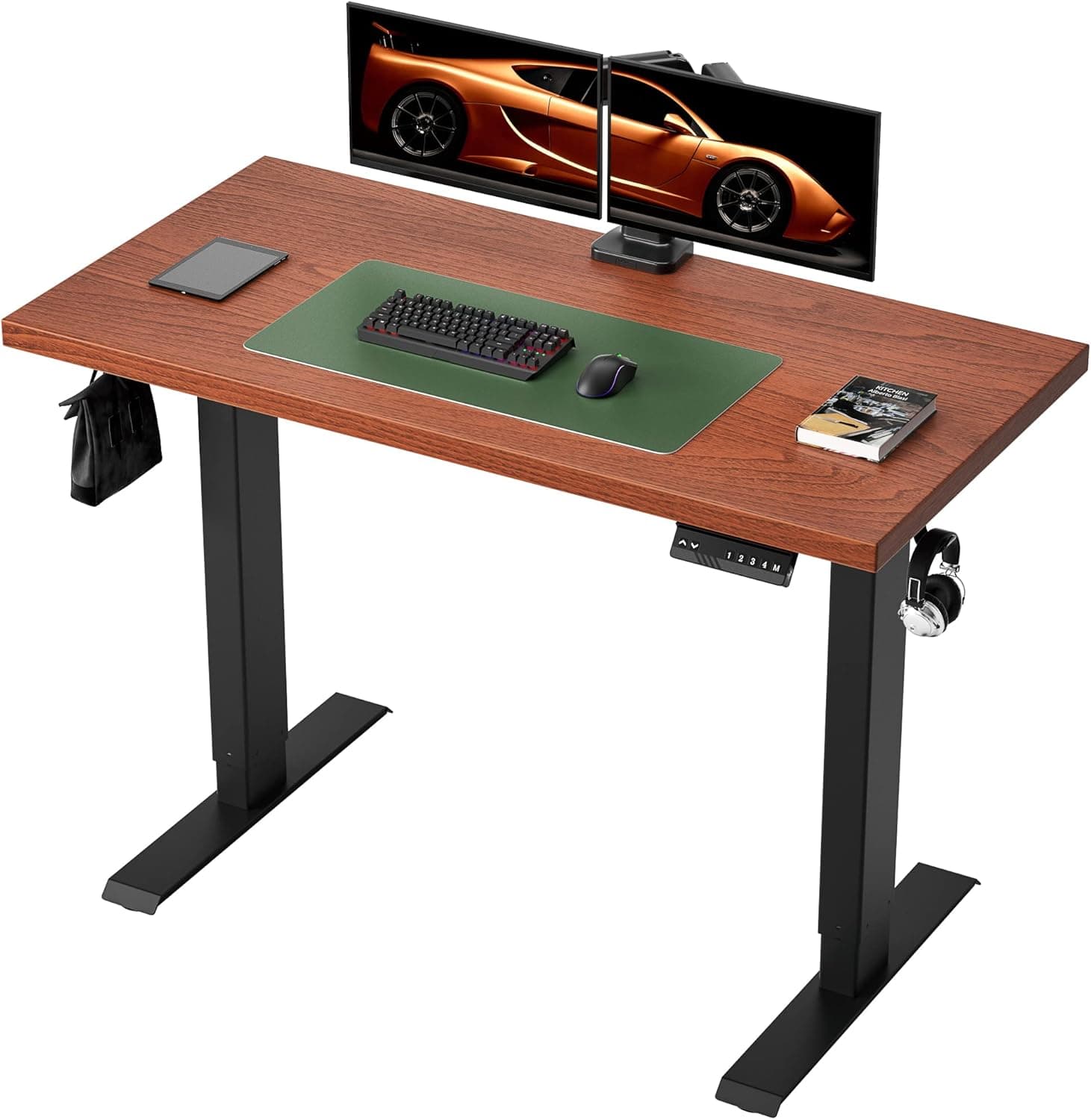 Standing Desk Dual Motor - 48" x 24" Electric Memory Controller Adjustable Height Stand up Desk (Black Steel Frame + Brown Top)