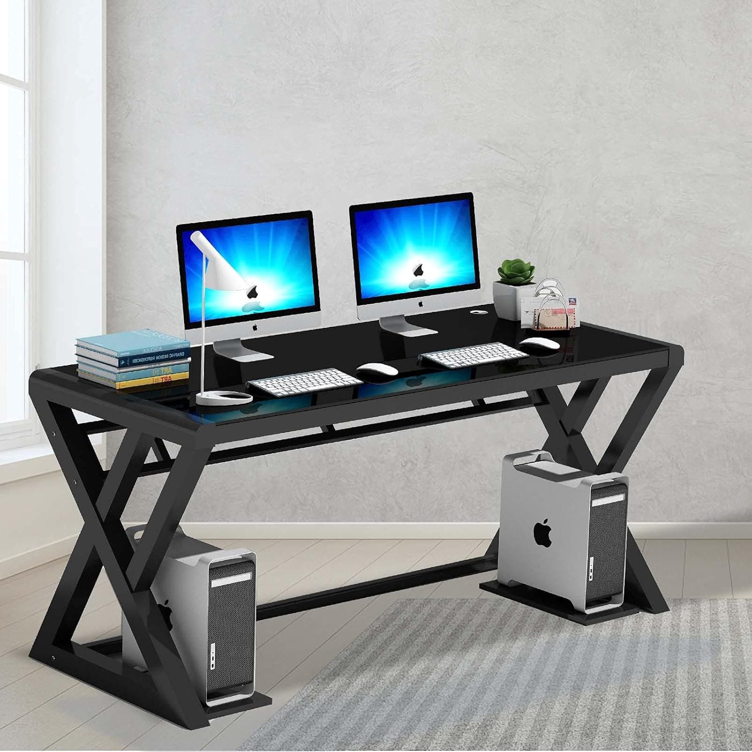 Computer Desk Tempered Glass with Metal Frame, 55.1 inch Writing Desk, Black