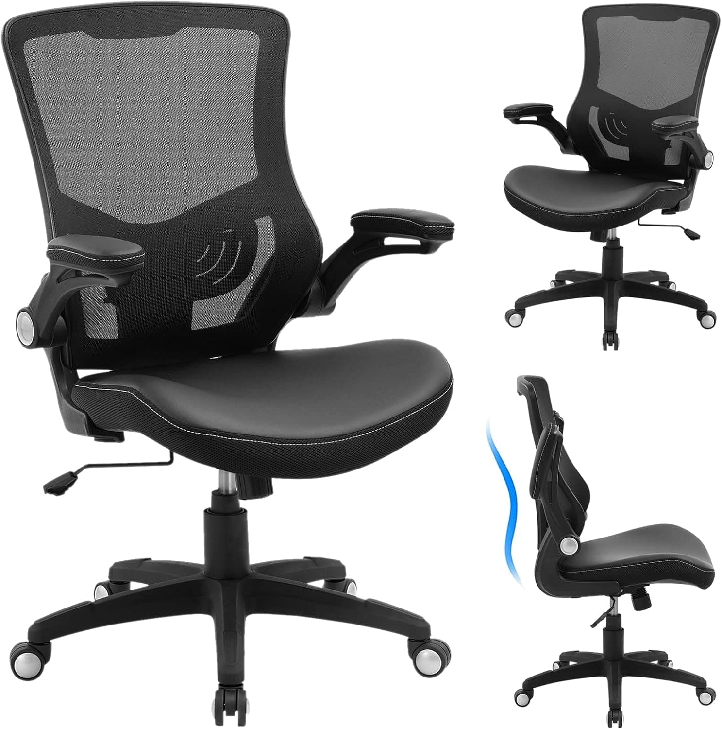 Office Chair Ergonomic Desk Chair, PU Leather Swivel Mesh Back Adjustable Lumbar Support Flip-up Arms Executive Task Chair