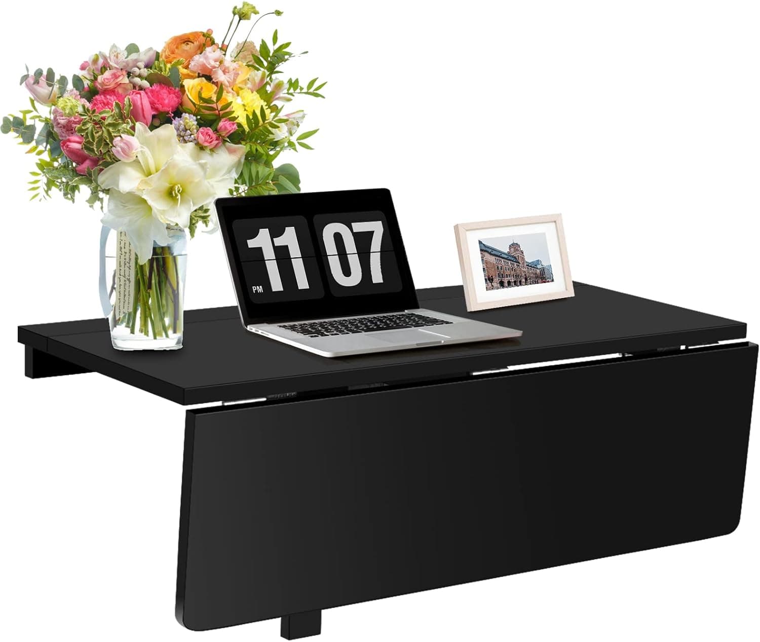 COSTWAY Wall Mounted Folding Table, 31.5" Drop-Leaf Floating Writing Desk, Black