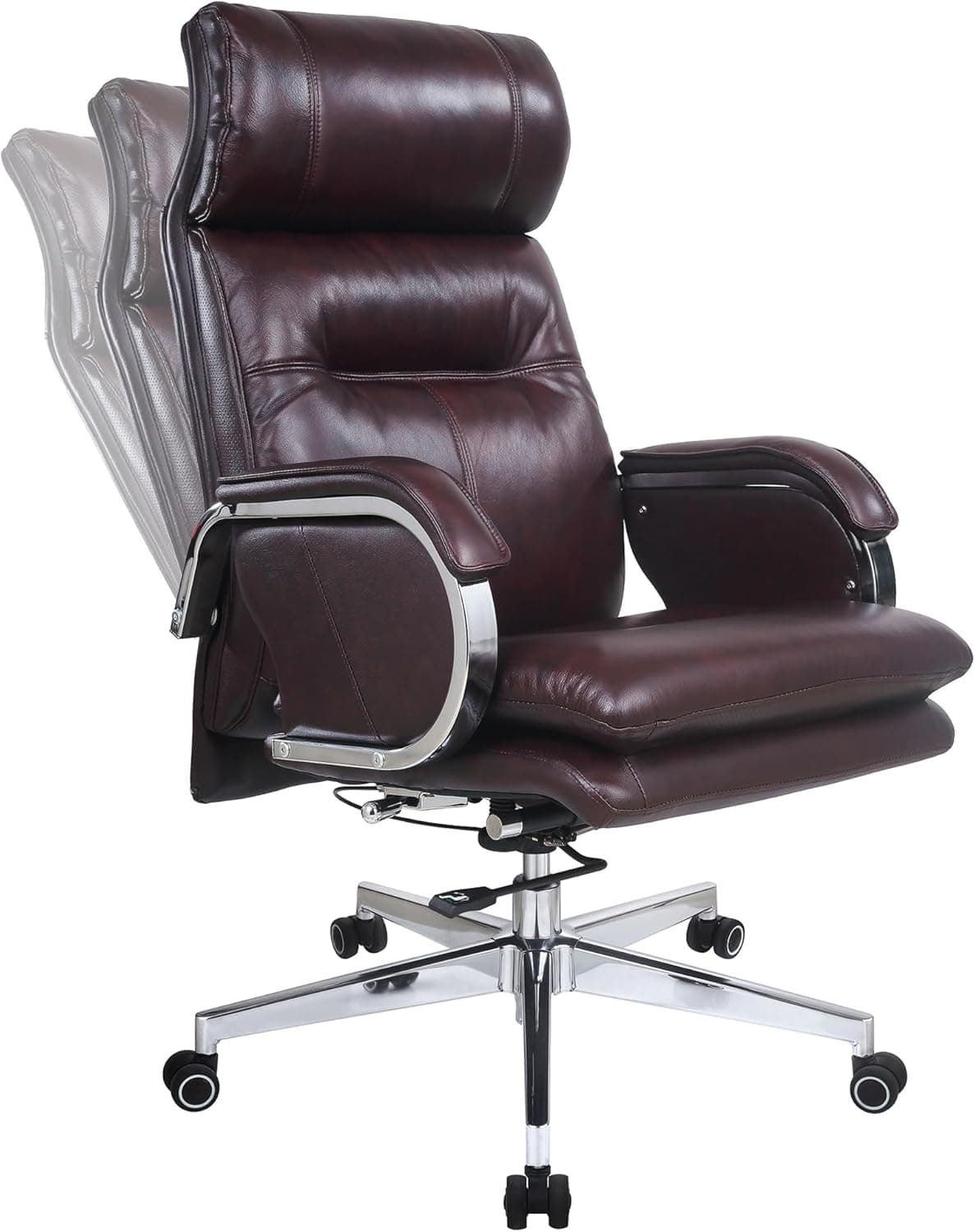 HUAUR Genuine Leather Modern Executive Chair High-Back 90-150 Degrees Tilt, 360LB Capacity Swivel Office Chair, Brown