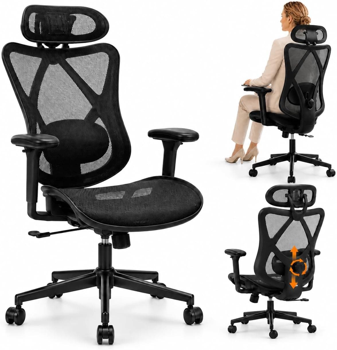 Mesh Office Chair, Ergonomic with Wheels, Adjustable Lumbar Support, Armrest, Headrest, Tilt High Back Desk Chair