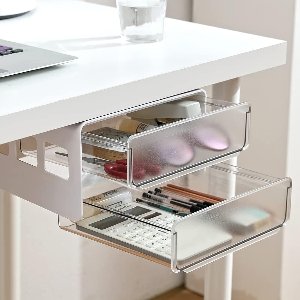 submatches Under Desk Drawer Organizer Slide Out, 2 Layers, White