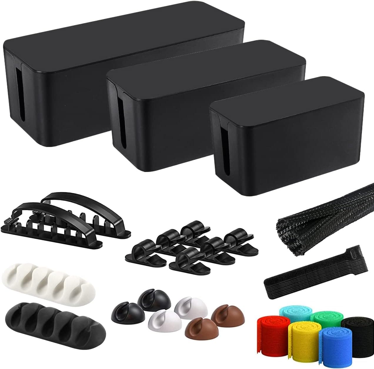 Cable Management Box, 3 Pack with 33 PCS Set to Cover Hide Power Strip, Black