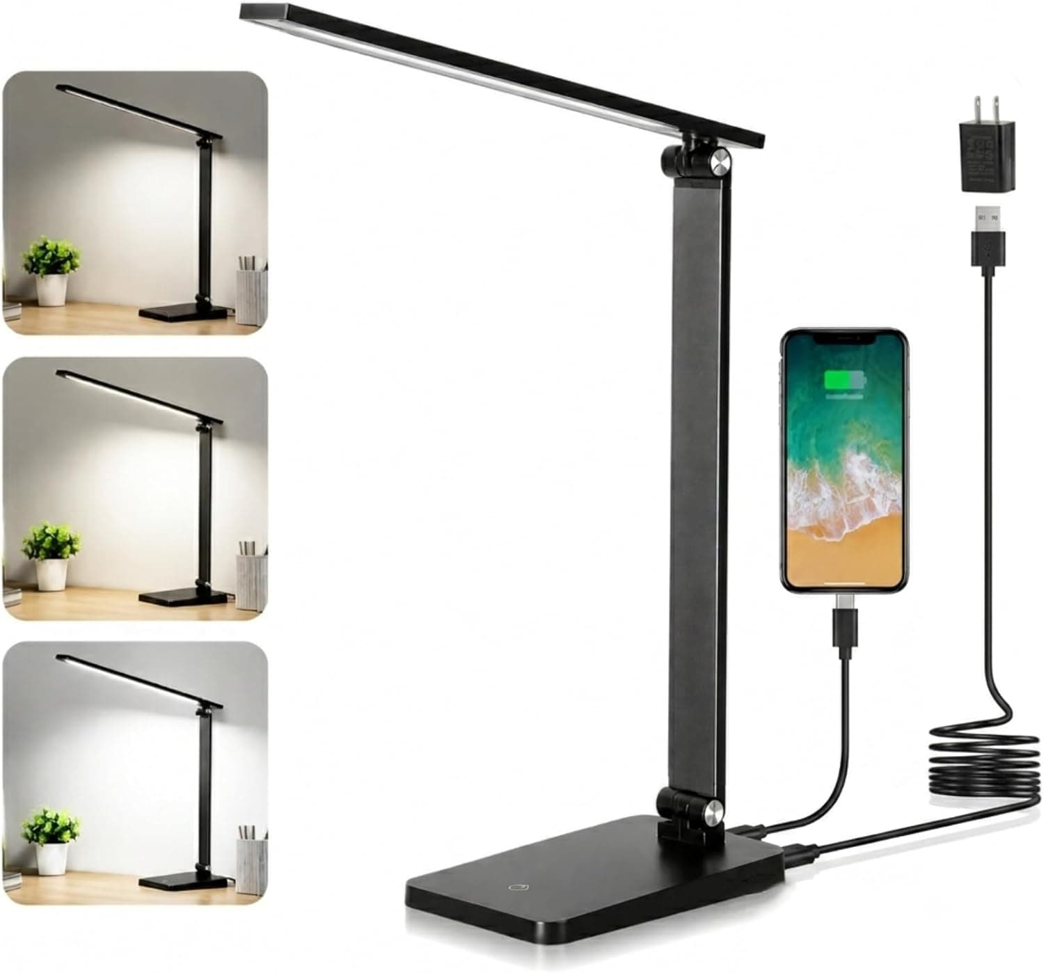 LED Desk Lamp 3 Levels Dimmable with USB Charging Port, Black, 5000K