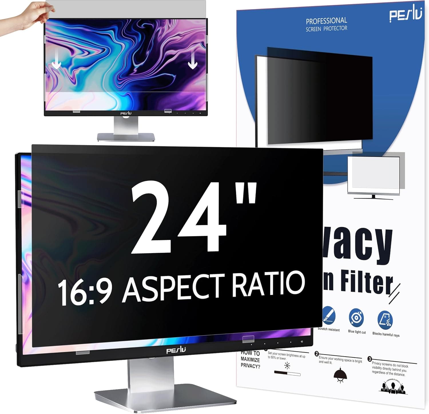 Peslv Computer Privacy Screen 24 Inch 16:9, Anti Blue Light Anti Glare Filter Shield