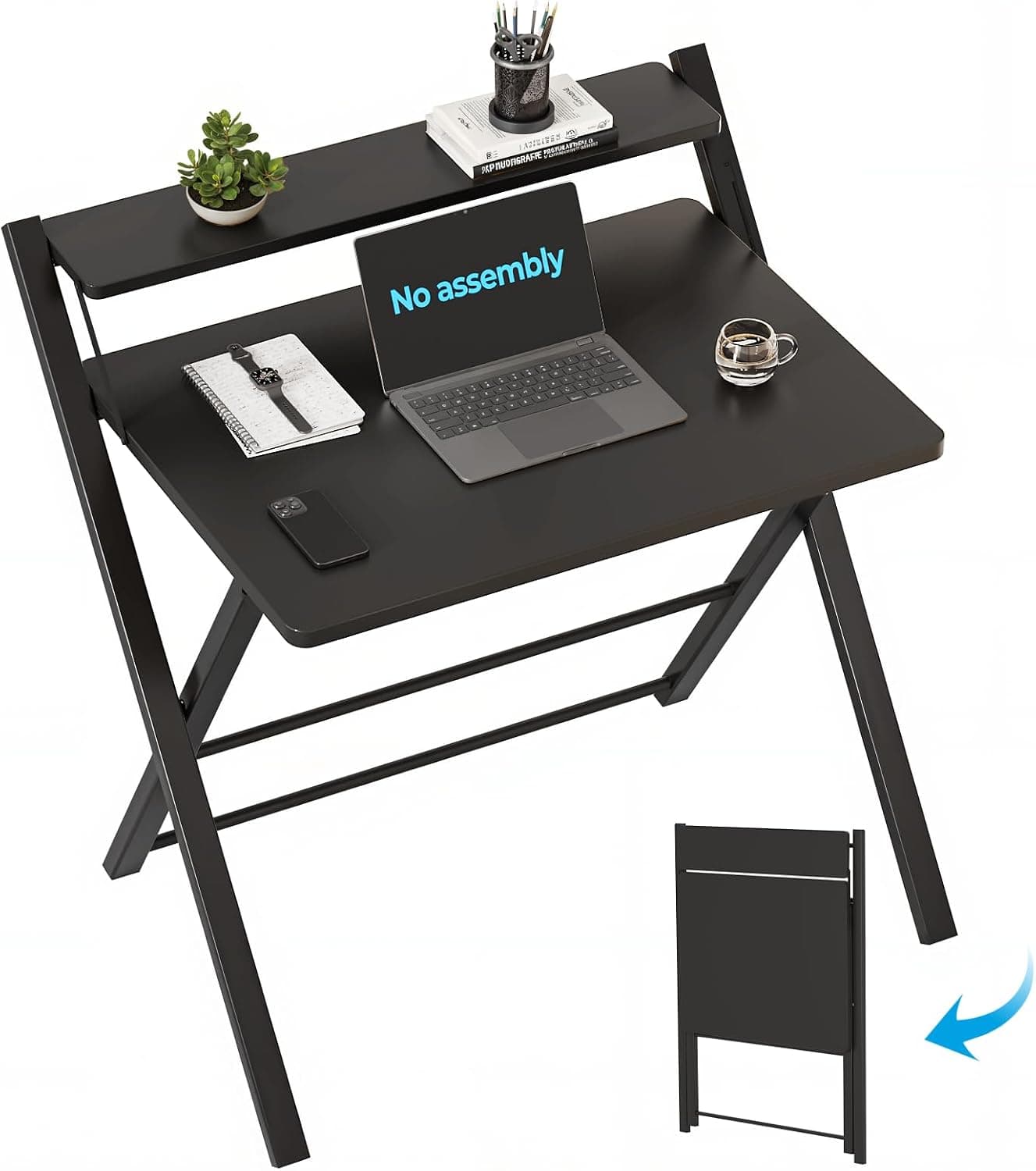 GreenForest No Assembly Folding Desk, 2-Tier Compact Computer Desk with Shelf, Black