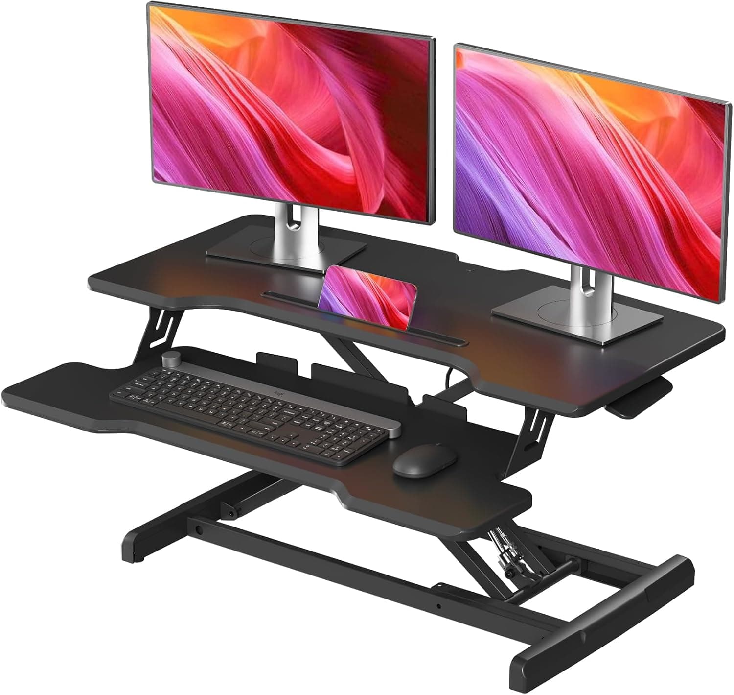 JYLH JOYSEEKER Standing Desk Converter 32 inch, Height Adjustable Sit Stand Desk Riser, Dual Monitor Riser Workstation with Keyboard Tray, Black
