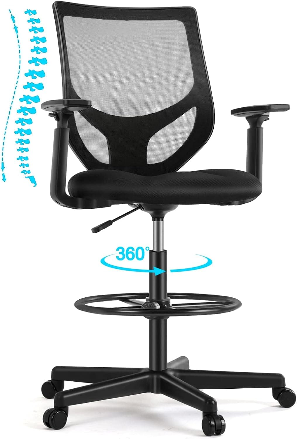 AFO Drafting Chair, Tall Office Chair with Adjustable Foot Ring and Armrest, Breathable Mesh, 360 Swivel, Dark Black
