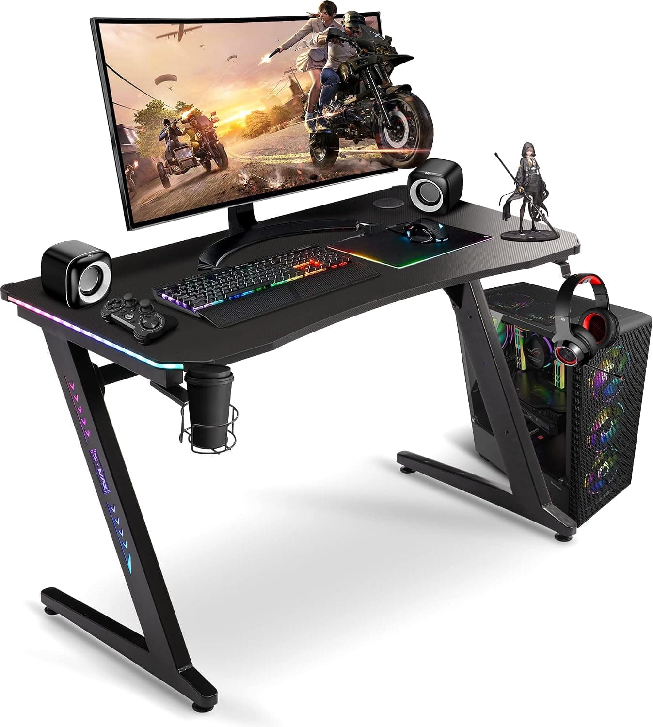 S*MAX Gaming Desk with LED Lights Real RGB Legs Carbon Fiber Finish, Wireless Charging, Z Shaped Gaming Table, Black 47 Inch