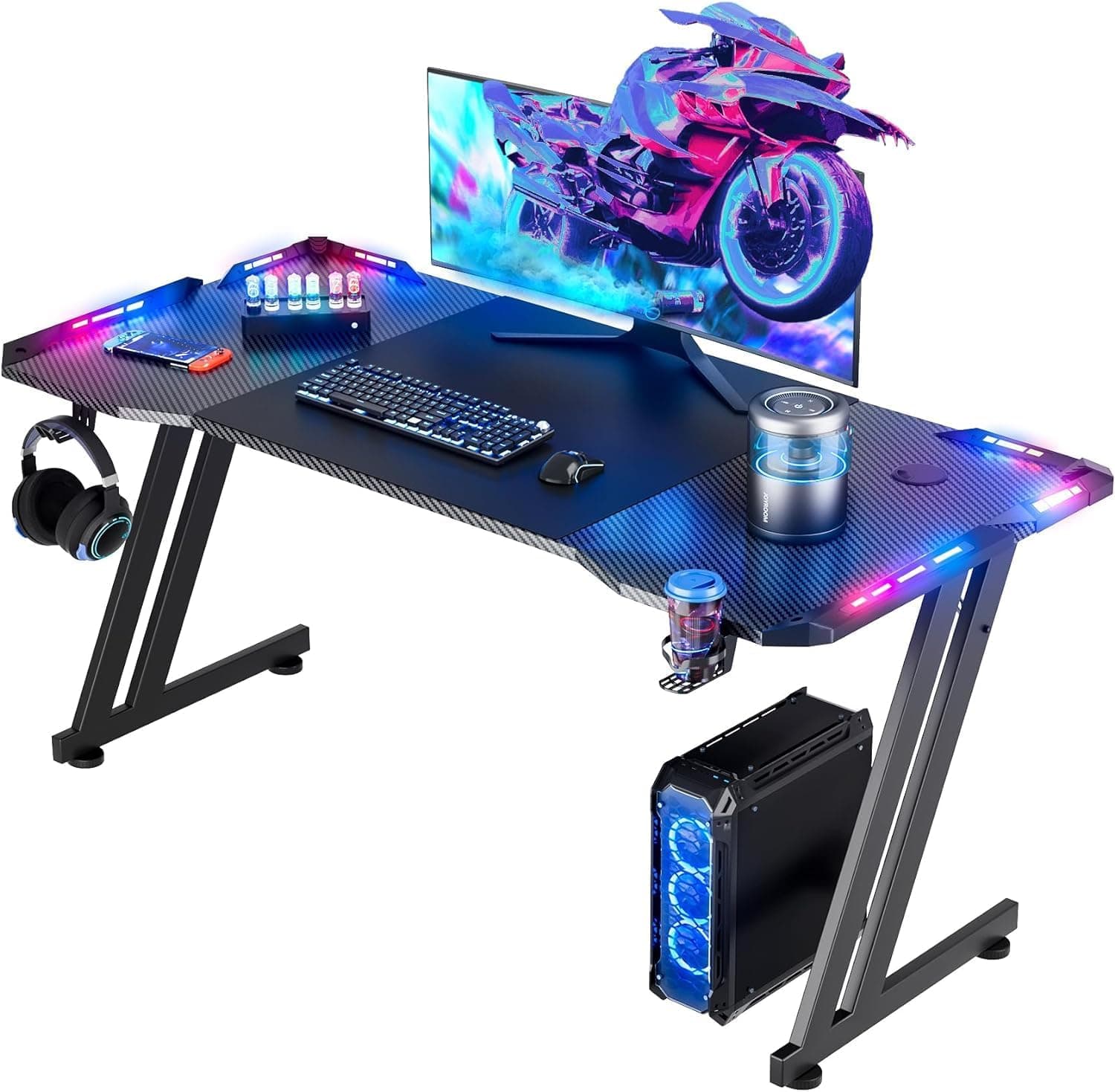 HLDIRECT 47 Inch Gaming Desk with LED Lights, Large RGB Computer Gaming Desk with Cup Holder Headphone Hook Mouse Pad, Carbon Fiber, Black