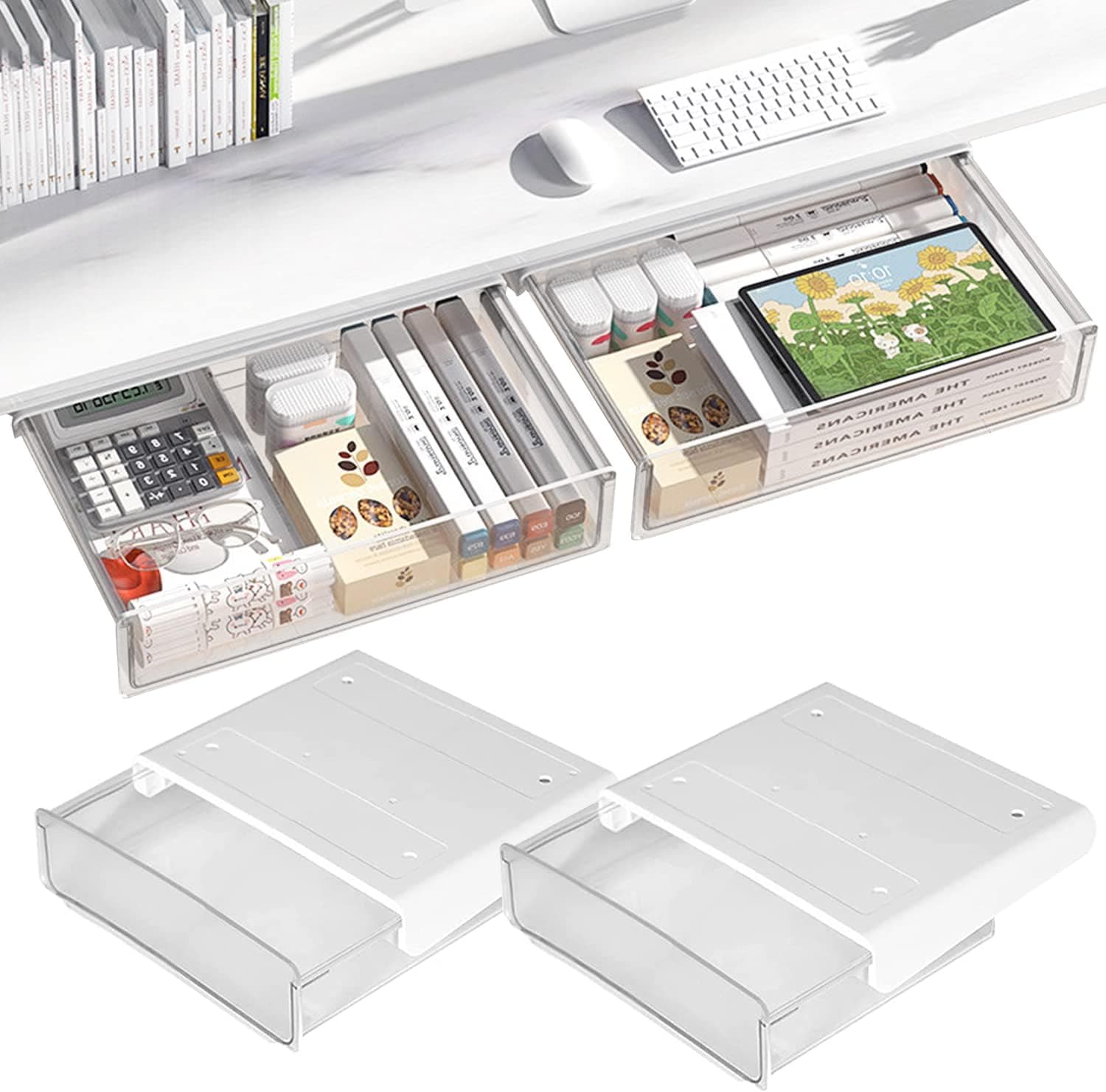 Self-adhesive Under Desk Drawer Organizer 2 Pack, Large, White