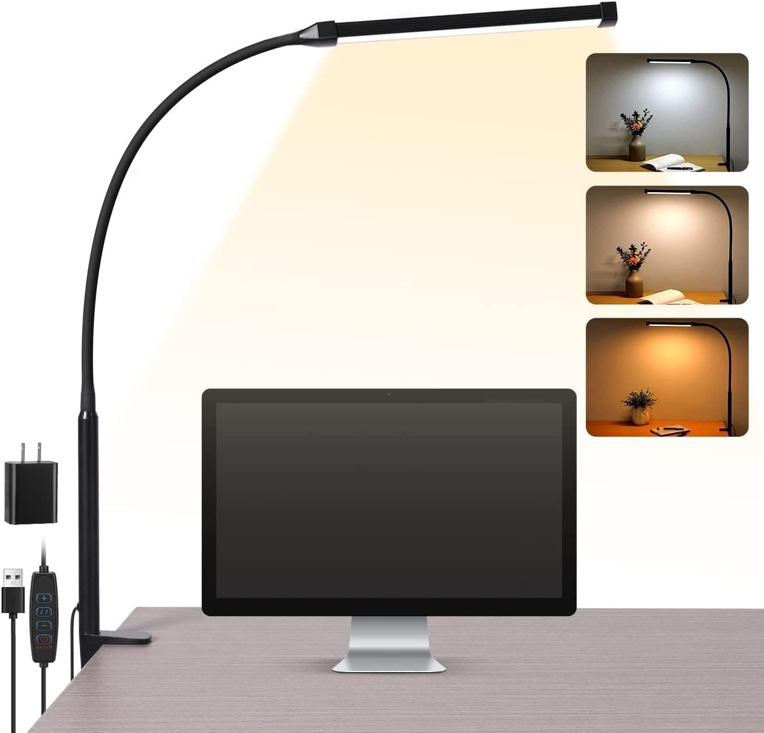 Voncerus LED Desk Lamp with Clamp, 3 Modes 10 Brightness, Flexible Goose-Neck, Black