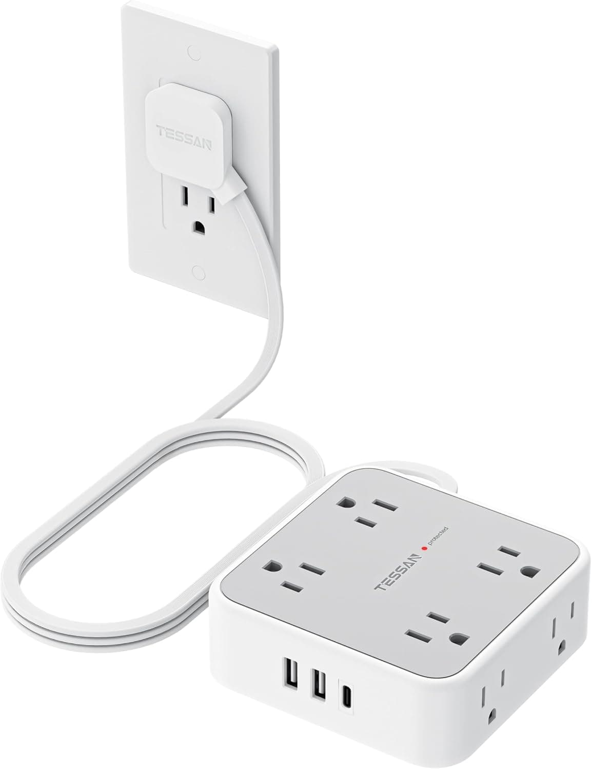 TESSAN Surge Protector Power Strip 900J, 8 AC with 3 USB Ports (1 USB C), Flat Plug