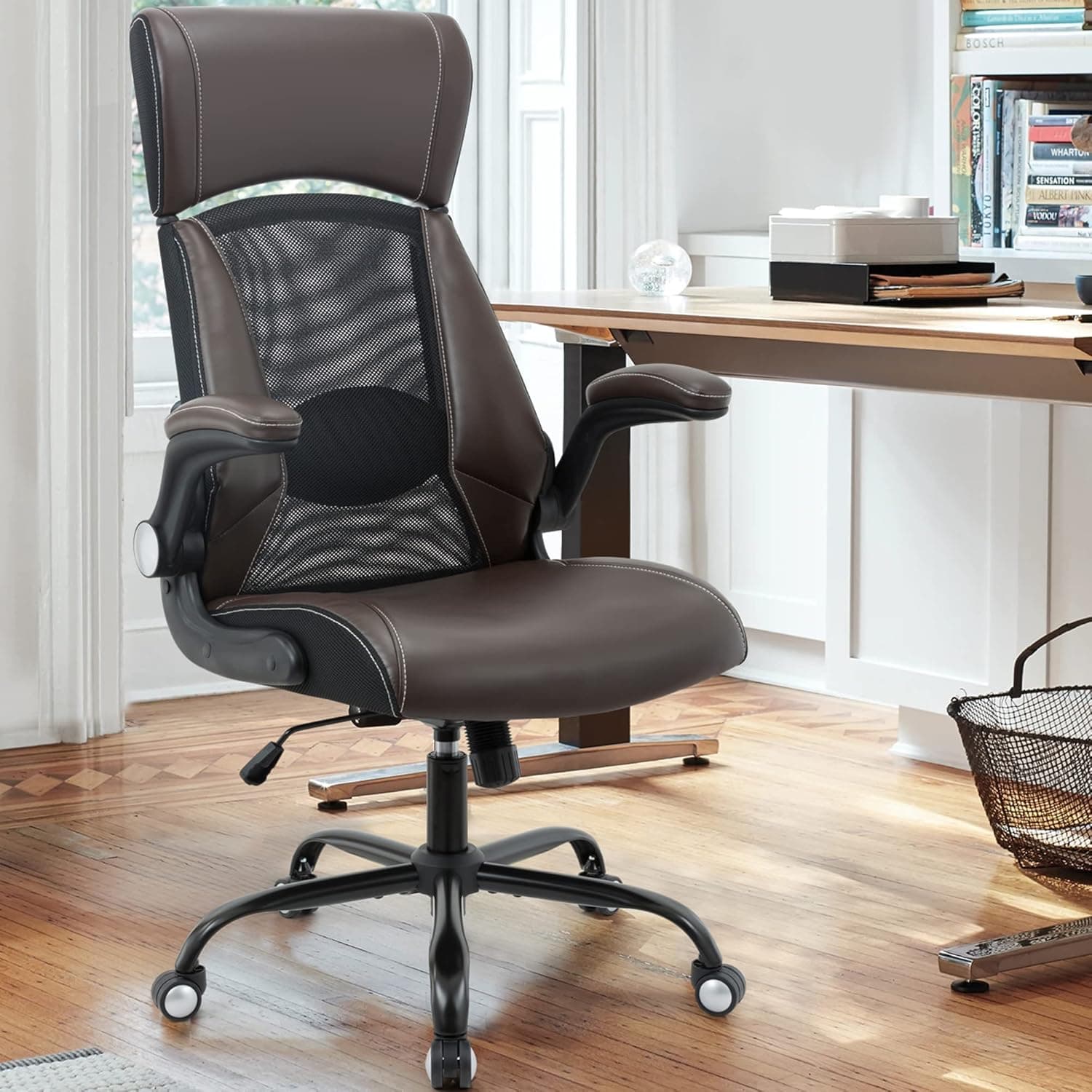 ZLHECTO Executive Office Chair, Ergonomic Leather Desk Chair, Widened Adjustable Headrest, Flip-Up Arms, High Back, Brown