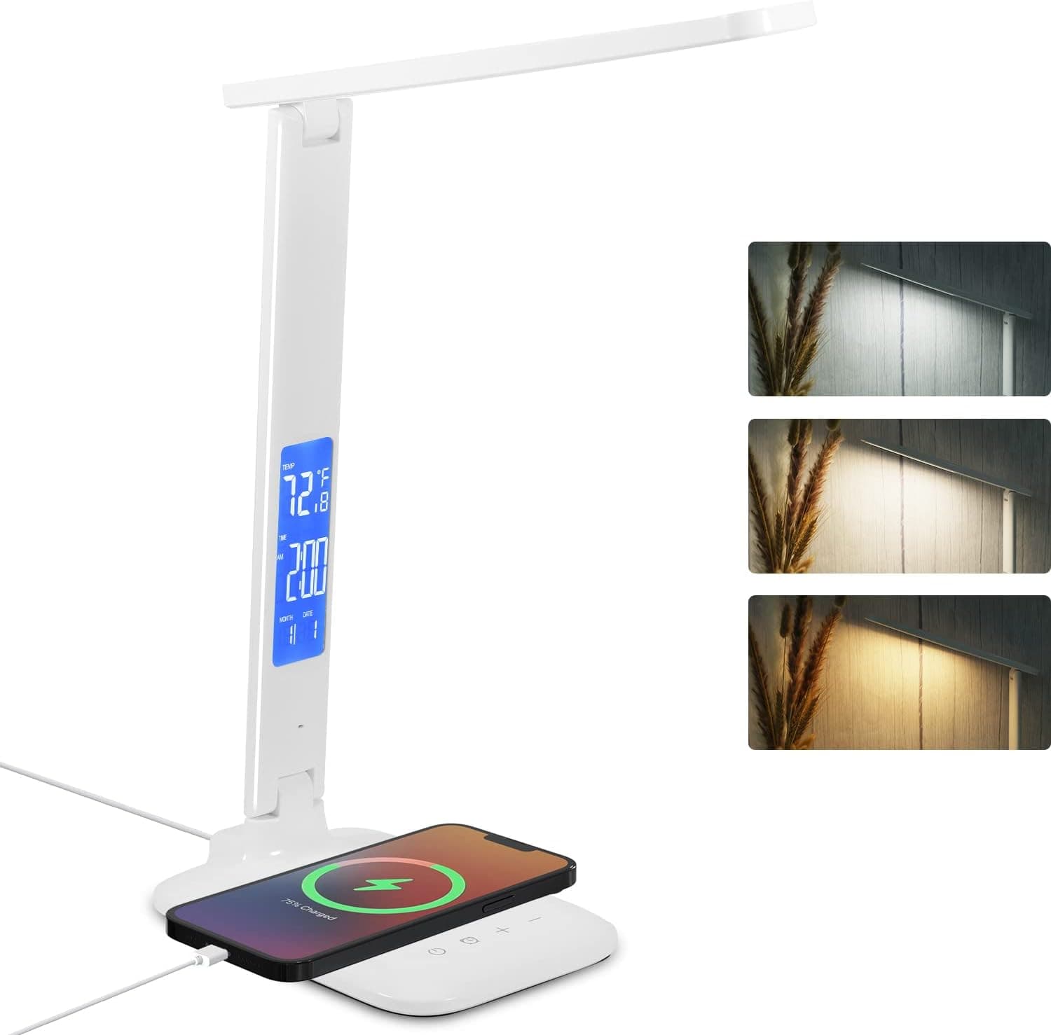 Desk Lamp with Clock Calendar Display, Alarm, USB Charging Port, Foldable